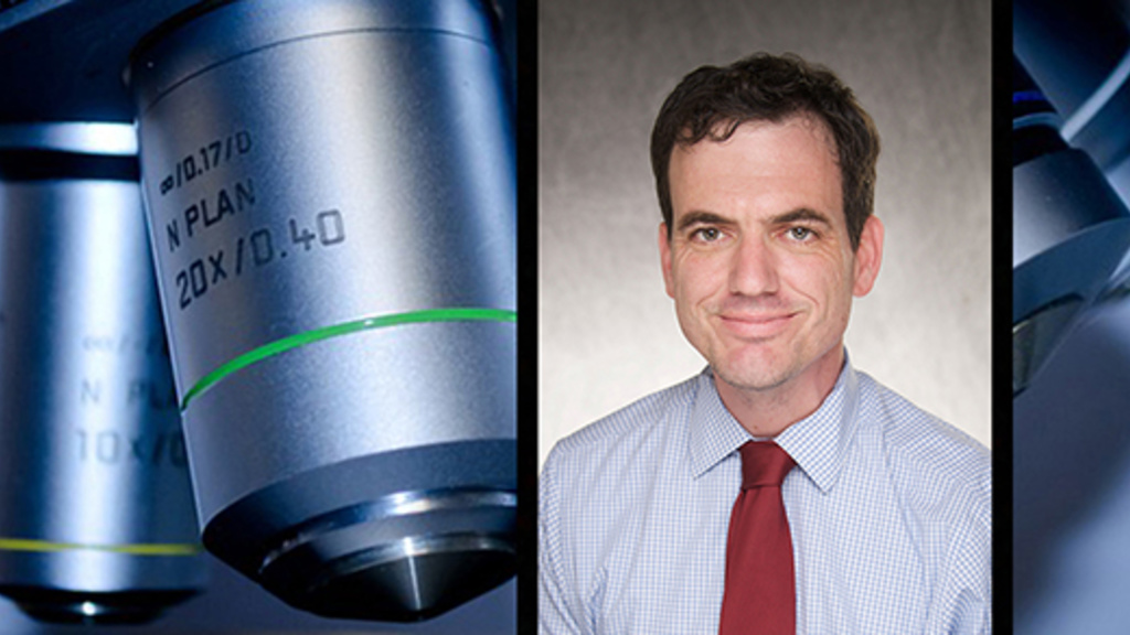 Dr. Hefti and a microscope